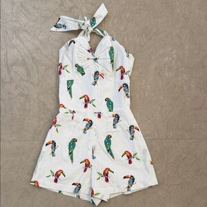 Vintage retro pinup Parrot Print White Romper XS